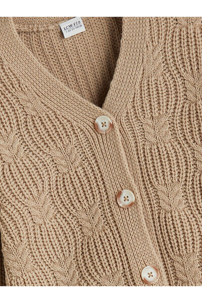 LC Waikiki Bej V Yaka Kız Çocuk Triko Hırka