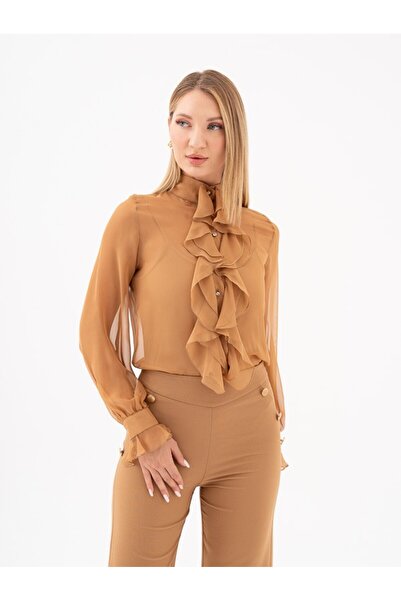 SERPİL Şifon Kumaş Kol ve Yaka Fırfır Detaylı Hakim Yaka Gömlek 39207