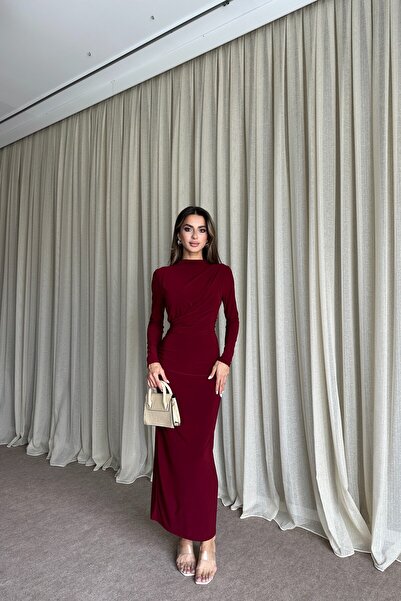 MAT Collection Kadın Bordo Drapeli Uzun Kollu Arka Yırtmaçlı Uzun Elbise