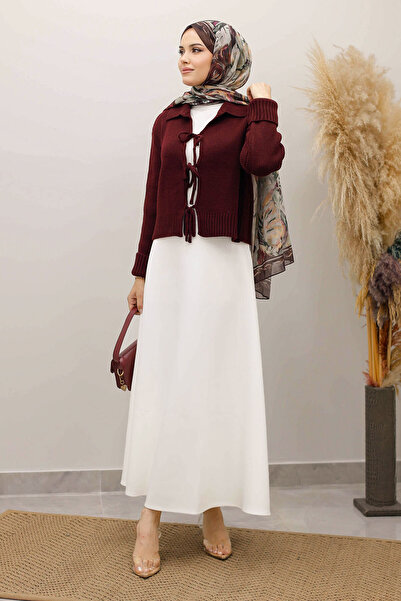 Tesettür Dünyası Lace-Up Knitwear Cardigan Tsd250220 Claret Red