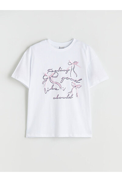 LC Waikiki Bisiklet Yaka Fiyonk Detaylı Kız Çocuk Tişört