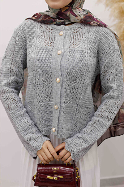 Tesettür Dünyası Embroidered Perforated Knitwear Cardigan Tsd250227 Gray