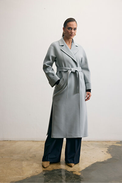 KENT Belted Double-Breasted Long Gray Coat