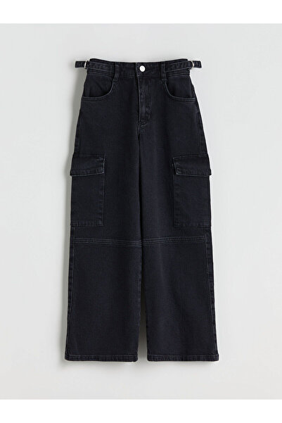 LC Waikiki Black Girls' Cargo Jeans with Adjustable Elastic Waist