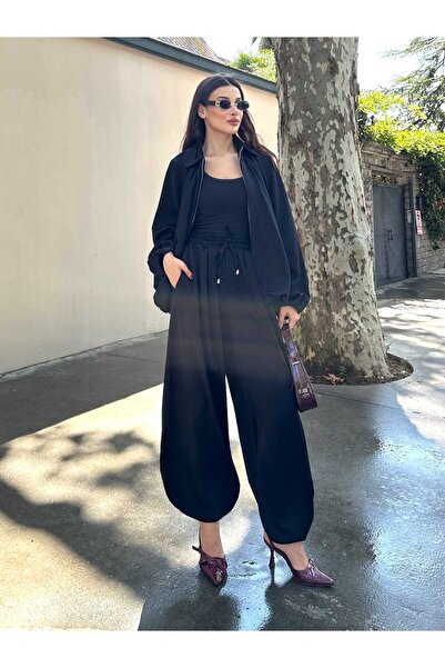 Hatun Atila Σατέν Πλισέ Παντελόνι Μπουφάν Σετ 3015 - Μαύρο