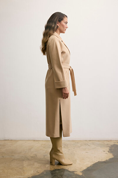 KENT Belted Double Breasted Long Open Camel Coat