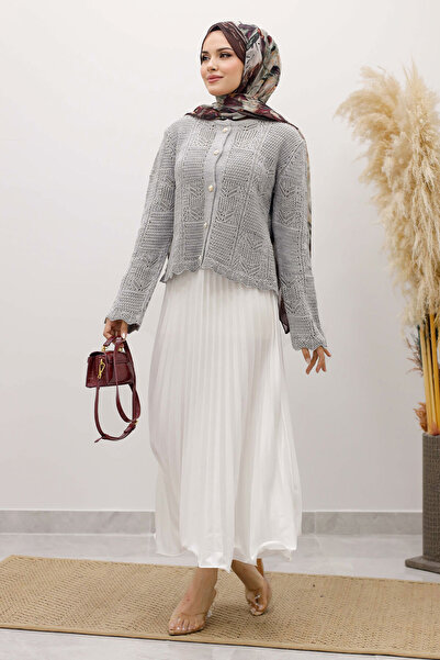Tesettür Dünyası Embroidered Perforated Knitwear Cardigan Tsd250227 Gray