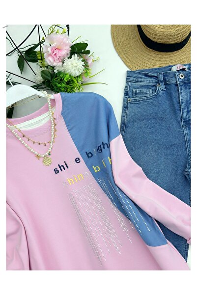 YEDİLALE Garnished Stone-Embellished Denim Detail Casual Combed Cotton Tunic 5005 [Loose Fit]