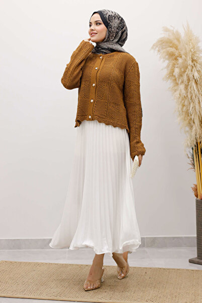 Tesettür Dünyası Embroidered Perforated Knitwear Cardigan Tsd250227 Tan