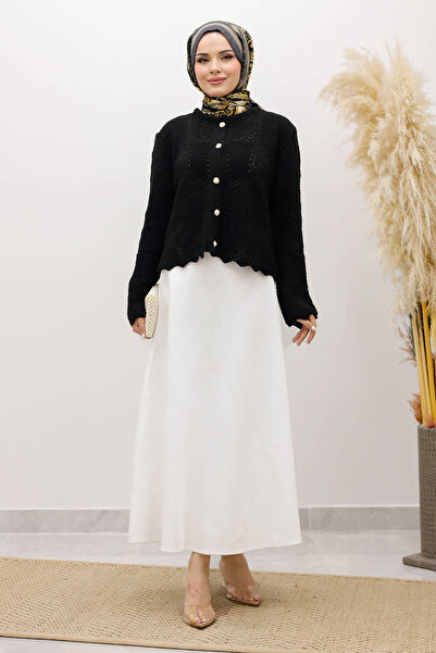 Tesettür Dünyası Embroidered Perforated Knitwear Cardigan Tsd250227 Black