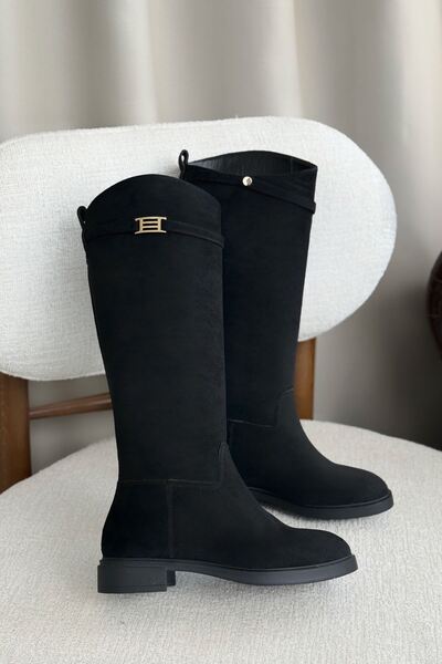 GOFFSHOES Cizme Nantes pentru damă, cu cataramă, cu talpă plată - piele intoarsa neagra