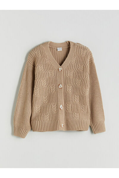 LC Waikiki Bej V Yaka Kız Çocuk Triko Hırka