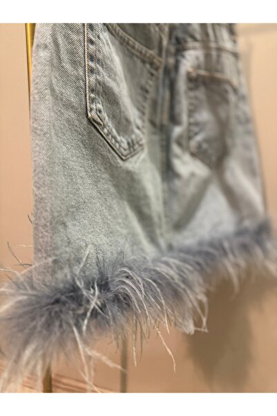 AYDINDOKUMA Malibu Feather Denim Skirt Faux Feather Jeans