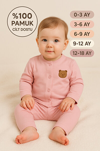 MYZİ STORE Baby 2-Piece Set – 100% Cotton, Bear Embroidery, Cream / Blue / Pi...