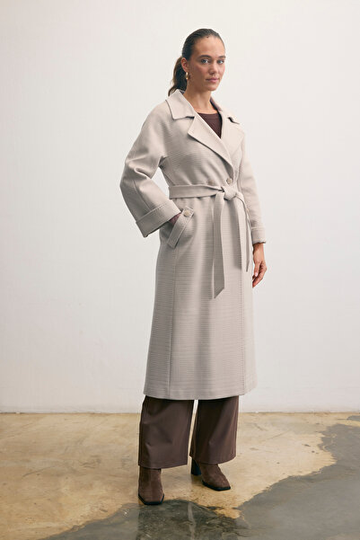KENT Long Stone-Colored Coat with Belted Button Detail
