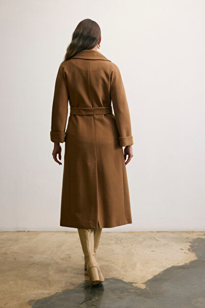 KENT Long Tan-Colored Coat with Belted Button Detail