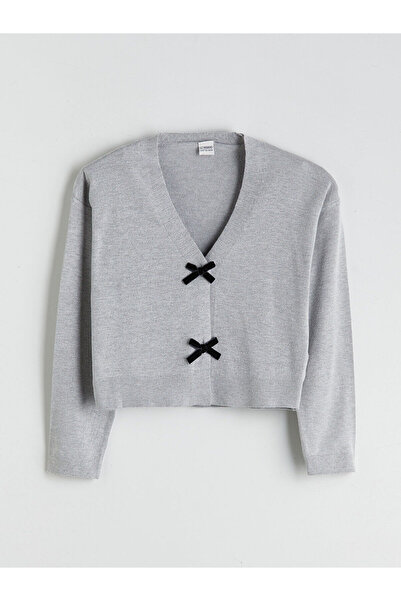 LC Waikiki V-Neck Bow Detailed Girls' Knitwear Cardigan (W5)