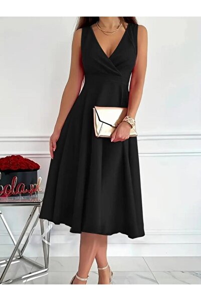 Generic Brand Women's Imported Crepe Fabric Double Breasted Collar Skirt Flar...