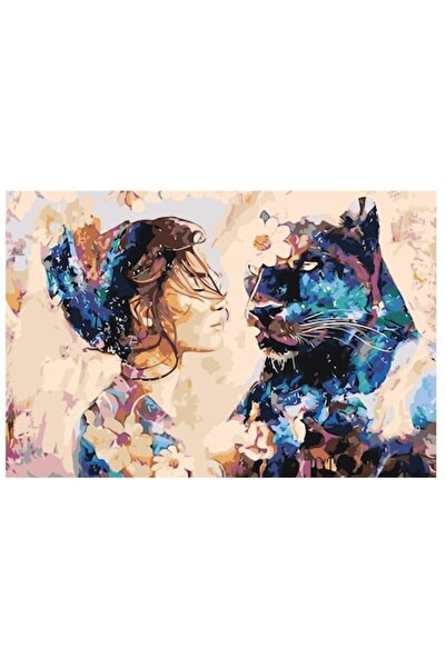 Painting by numbers Set pictura pe numere femeie cu o pantera, panza bumbac pe rama lemn, 40x60 cm, 3 pensule si vopsea