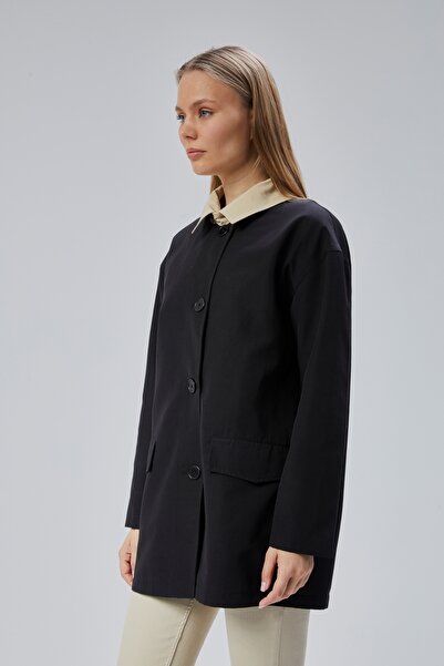nizzell Black Oversize Casual Midi Trench Coat