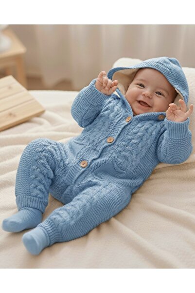 Ege Bebek Winter Knitwear Baby Romper, Welsoft Inside, Buttoned, Hooded, Thick Plush Romper for 3-6-9-12 Months