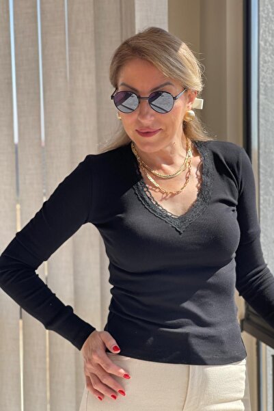 MİSLİNA BUTİK Dantel Yaka Siyah Bluz
