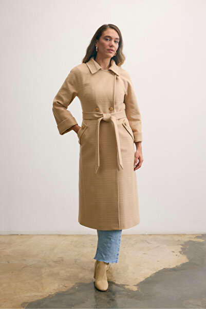 KENT Long Open Camel Coat with Belted Button Detail