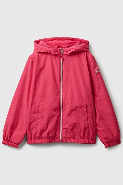 United Colors of Benetton Girl's Light Blue Glittery Logo Detailed Hooded Jersey Raincoat with Pockets