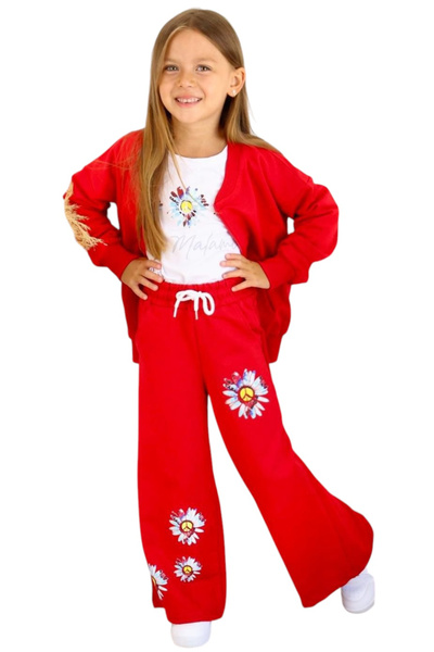 İrem Çocuk Giyim Girl's Floral Patterned Cardigan Red Color Triple Tracksuit Set