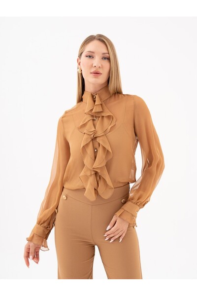 SERPİL Şifon Kumaş Kol ve Yaka Fırfır Detaylı Hakim Yaka Gömlek 39207