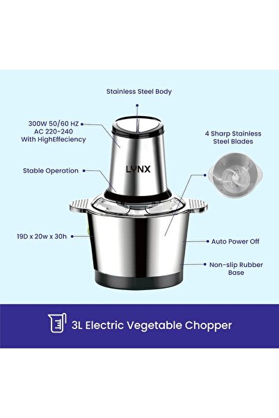 LYNX Electric Vegetable Cutter 300W with Stainless Steel Bowl and 4 Blades, Food Processor for Meat,