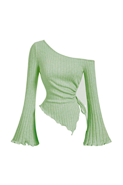 MOONBULL KADIN KAYIK YAKA İSPANYOL KOL YAN BÜZGÜ DETAYLI ESNEK KUMAŞ BLUZ