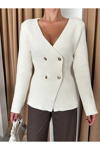 My Blog Ecru Double Breasted Gold Buttoned Elegant Cardigan - 4417