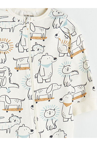 LC Waikiki Ecru Crew Neck Printed Baby Boy Romper