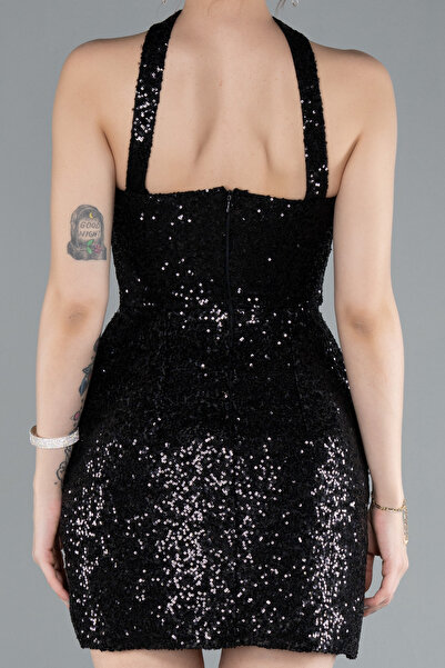 Abiyefon Siyah Straplez Mini Pul Payet Gece Elbisesi ABK2201