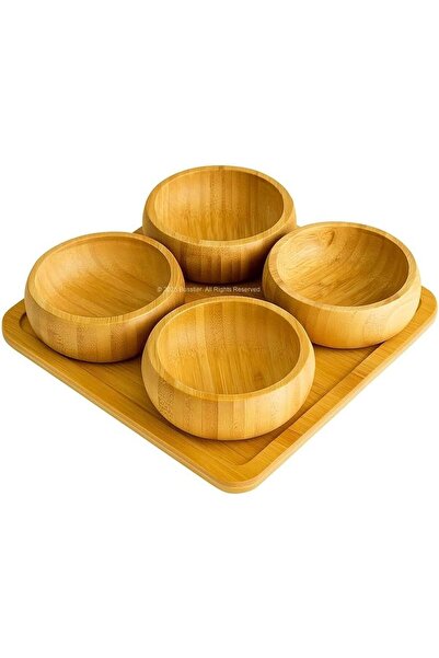 Busstier Natural Bamboo Set of 4 Round Snack Bowls Wooden Presentation Plate Nuts Sauce Serving Bowl