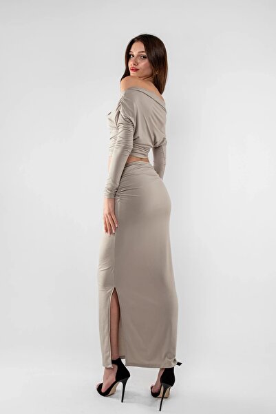 Bak Moda Gray Suit with Half-Shoulder Slit Detail and Gathered Sandy Fabric Skirt