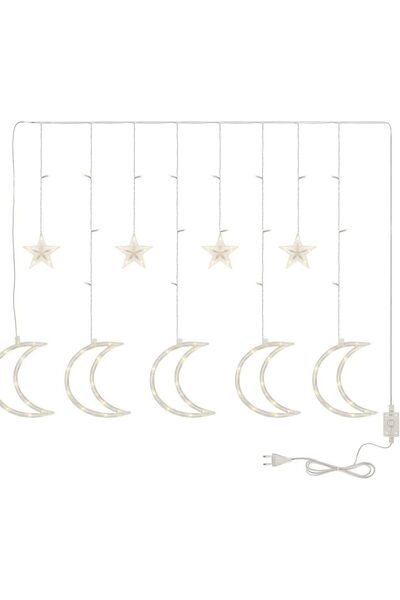 Busstier 3 Metre Ay Yıldız Figürlü Sıcak Işık Dekoratif Perde Süsleme Led Ayd...