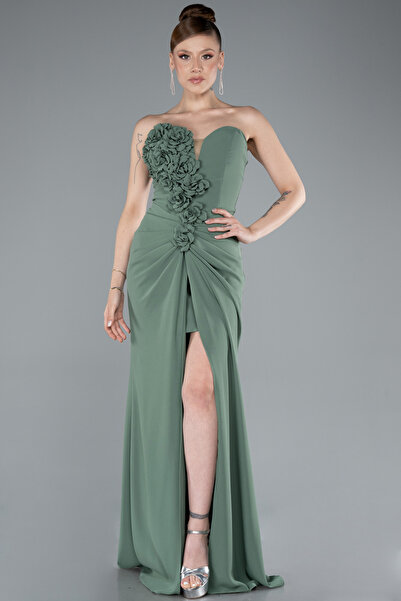 Abiyefon Haki Straplez Bacak Dekolteli Uzun Abiye Elbise