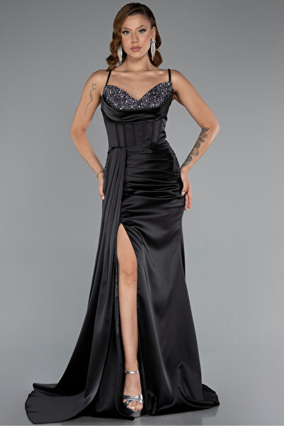 Abiyefon Siyah Göğsü Taşlı Yırtmaçlı Uzun Saten Abiye ABU5171