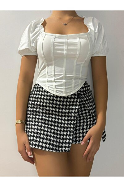 VİZORA BUTİK بلوزة نسائية مخططة برقبة مربعة بيضاء وأكمام بالونية من القماش