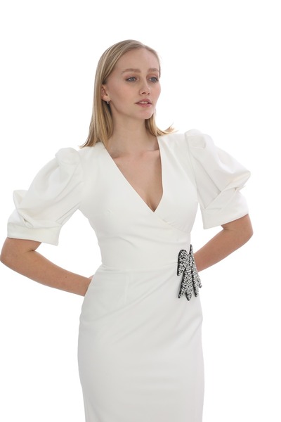 MODAMOR White V-Neck Balloon Sleeve Stone Bow Detail Maxi Dress