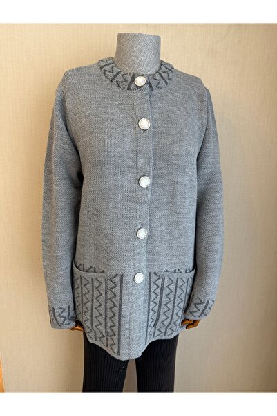 TİRİTEK كارديجان تريكو كبير الحجم برقبة دائرية / رمادي داكن