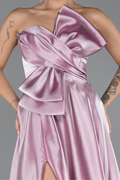 Abiyefon Açık Lavanta Straplez Yırtmaçlı Uzun Saten Abiye Elbise ABU4975