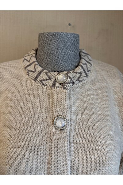 TİRİTEK Knitwear Plus Size Crew Neck Cardigan / Cream Mink