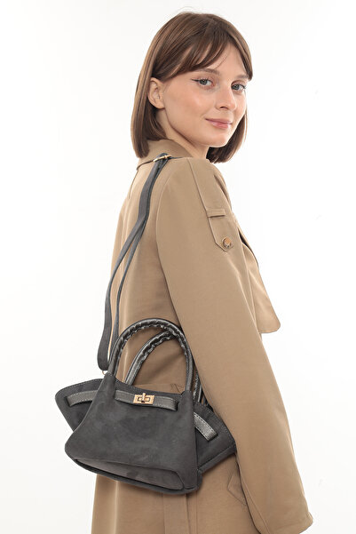 besmoda Women's Gray Suede Lock Detail Shoulder Strap Hand and Shoulder Bag