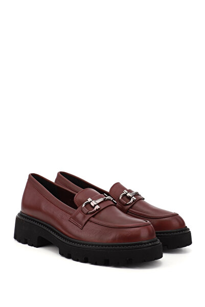 GÖNDERİ(R) Women / Girls Burgundy Thick Heeled Buckle Genuine Leather Loafer Shoes