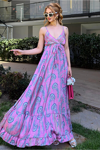 Angel Mia Ethnic Pattern Silk Dress Light Pink