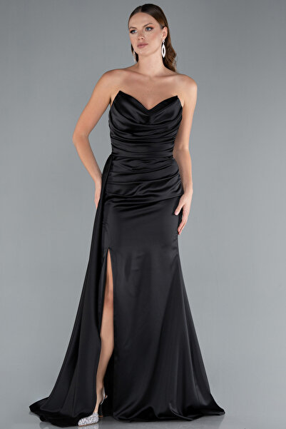 Abiyefon Siyah Kedi Kulağı Straplez Yırtmaçlı Uzun Saten Abiye ABU4841