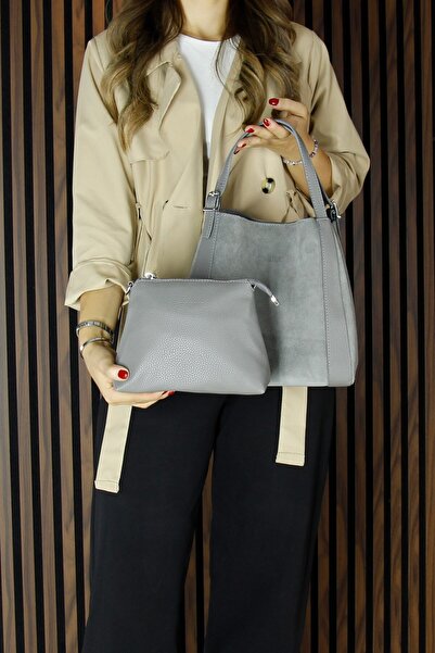 Erkan Saçmacı Gray Genuine Calf Suede Magnetic Closure Large Size Daily Shoulder Bag and Handbag with Strap